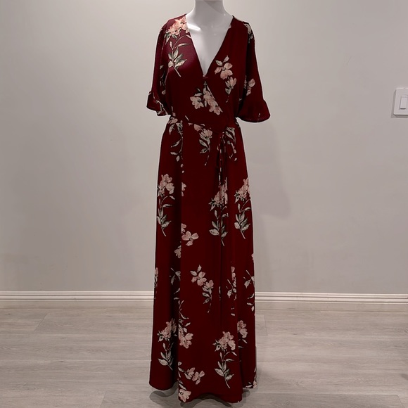 Lulu’s September Sunsets Burgundy Floral Print Wrap Maxi Dress - Picture 3 of 8